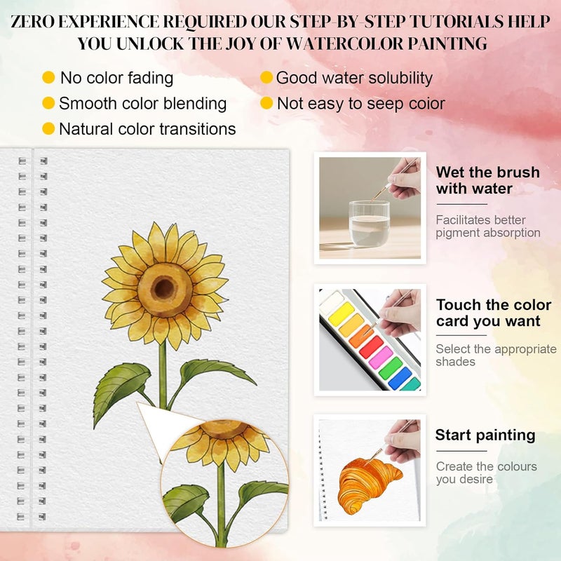 apolyone Watercolor Workbooks- 2 Pack Beginner Workbooks with 24 Coloring Book Pages - 12 Color blocks and a Brush - Watercolor Paper 300gsm/140lb - Gift for Women, Adults, Beginners (Birds & Flower) - Image 5
